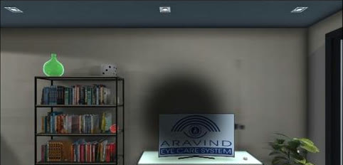 InSight simulator view of a central scotoma — a dark blot obscuring the centre of a living room scene