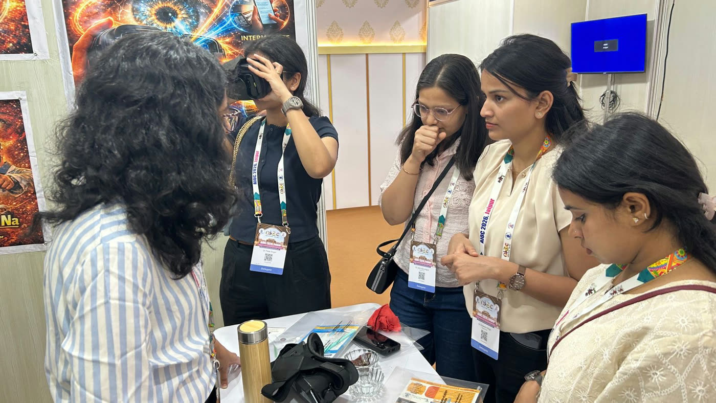 Ophthalmologists trying the InSight VR headset at the AKSightXR stand, AIOC 2026, Jaipur